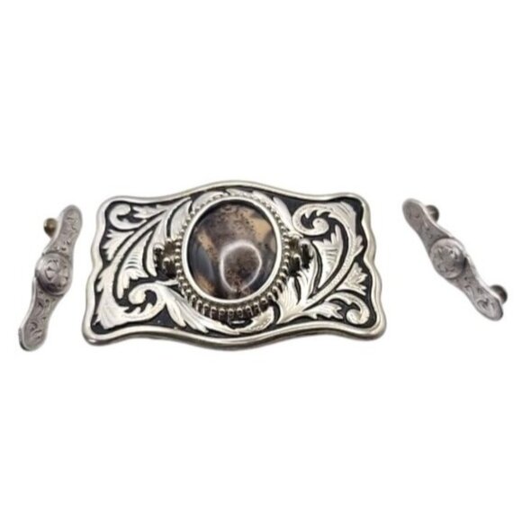 Western Belt Buckle Dendritic Agate Cabochon Silvertone Engraved Side Pieces - Picture 1 of 12